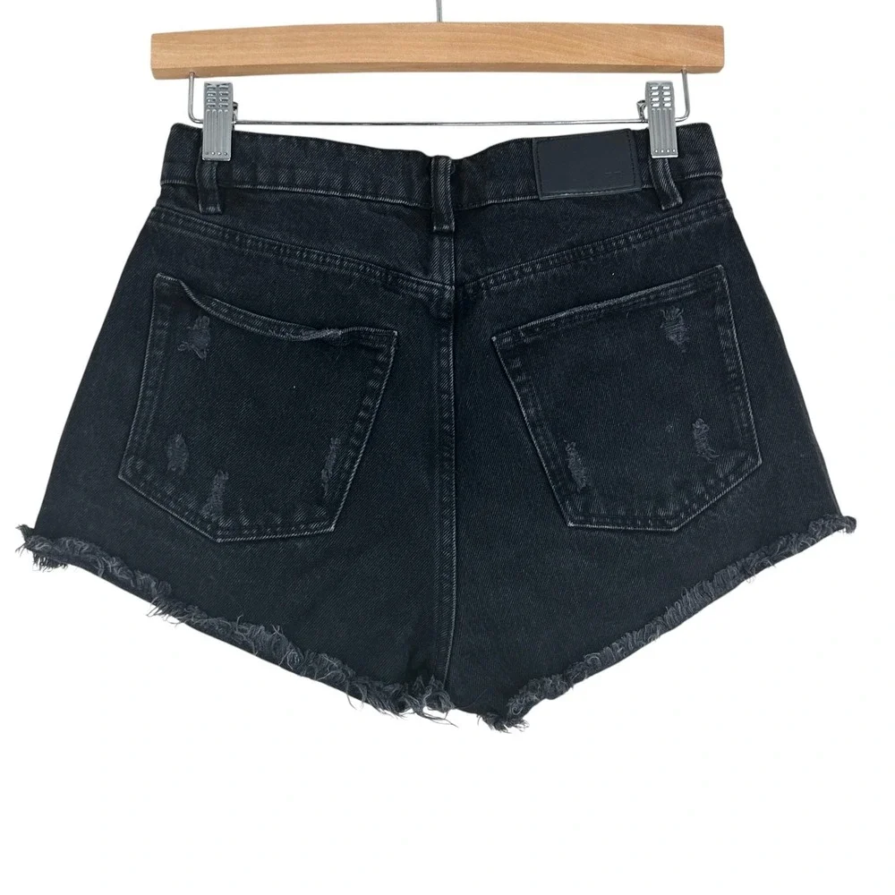 Zara High Rise Distressed Raw Hem Denim Shorts Black Edgy Grunge Size 2